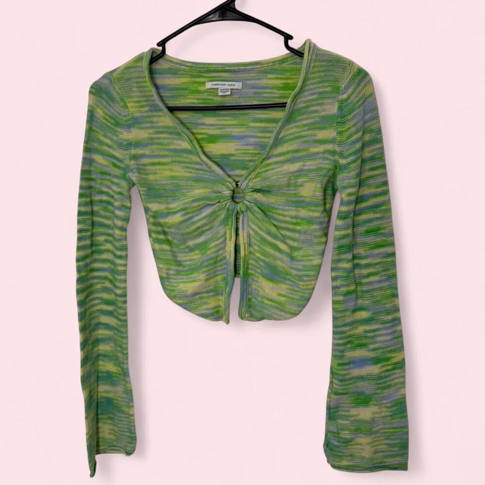 American Eagle Size XS Long Sleeve Crop Top Green Y2k soft fairycore tie front